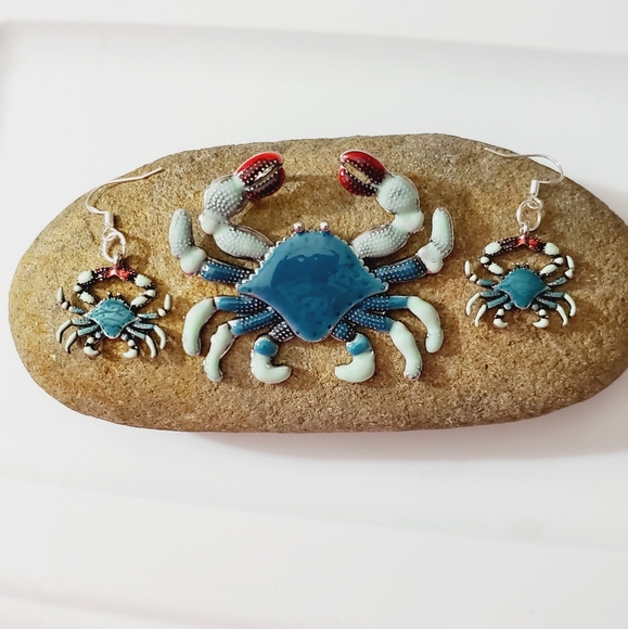SALE! Crab pendant earrings set 925 sterling silver handmade enamel NICE! Beach - Picture 5 of 16